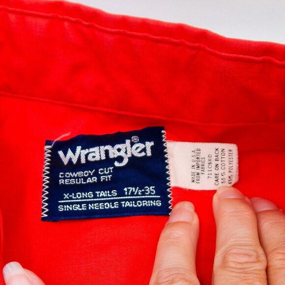 Wrangler Pearl Snap Button Red Shirt Cowboy Cut 1980s Regular Fit XLong Tails - Picture 3 of 11